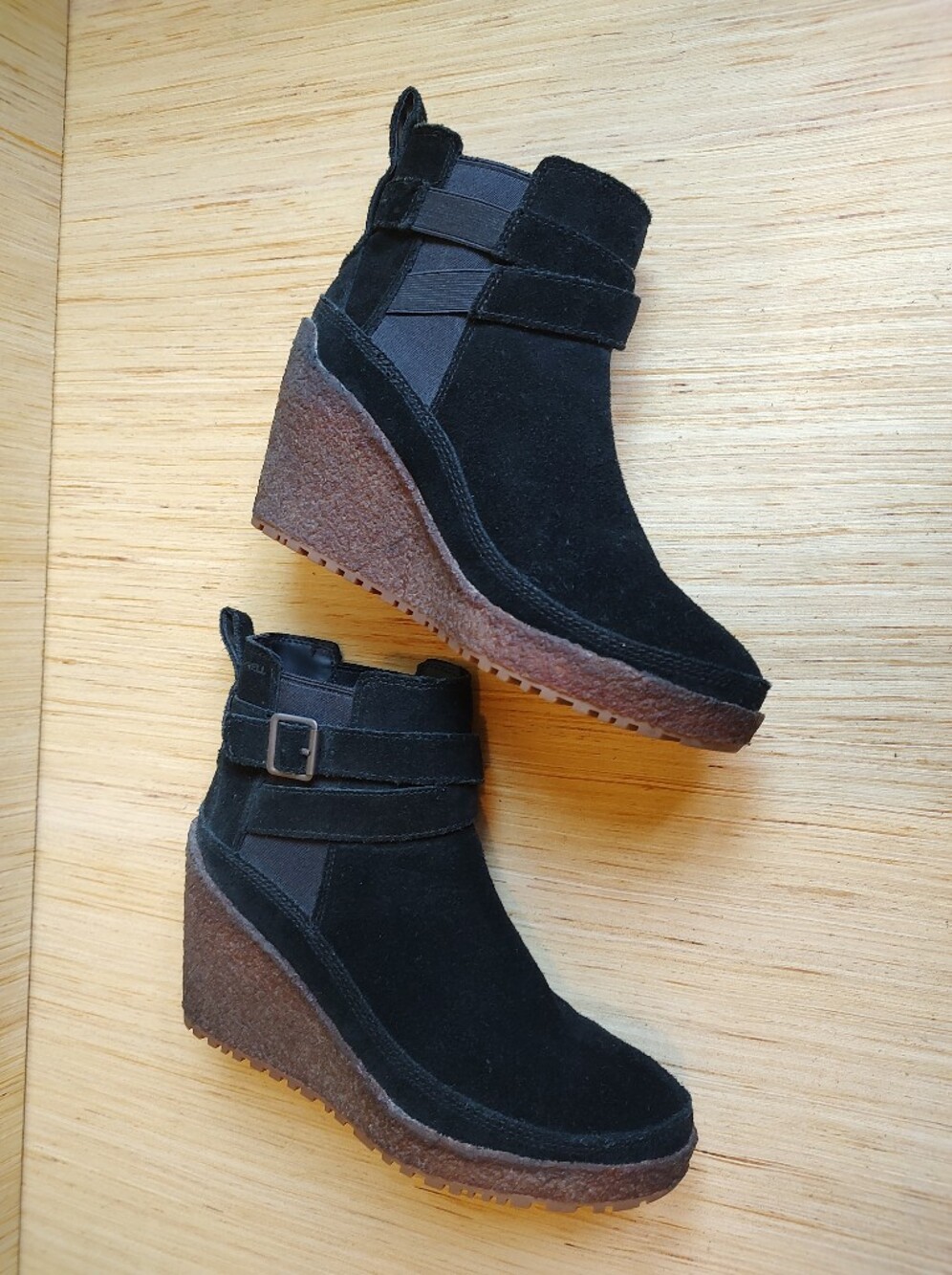 Merrell Tremblant Wedge Mid Ankle Boots Black Suede Buckle Comfy Straps 7.5